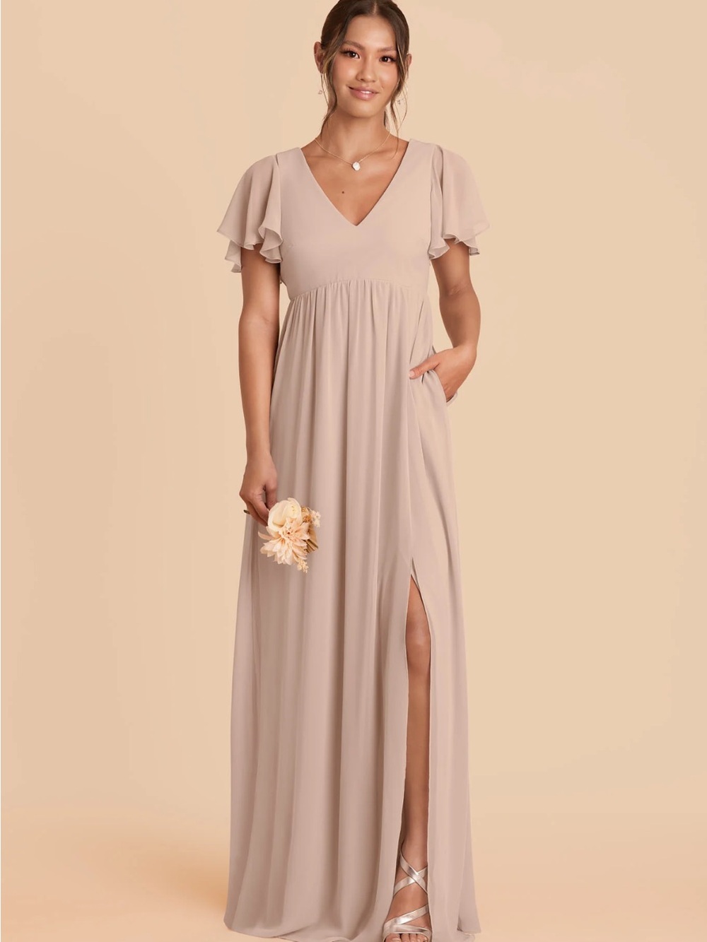 Birdy Grey Taupe Flutter-Sleeve V-Neck Maxi Dress